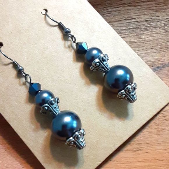 Smokey Charcoal drop fishhook earrings 2 in. Long with beautiful glass beads. - Picture 2 of 3